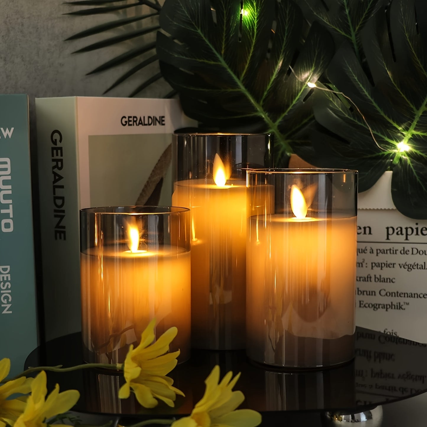 3pcs Led Fireless Candles Lights, Battery Operated Flickering Candles Pillar Real Wax Moving Flame Electric Candle Set, Gray Glass Effect With Remote Control Timer, 3×4in, 5in, 6in Height, Gray Candle Lights