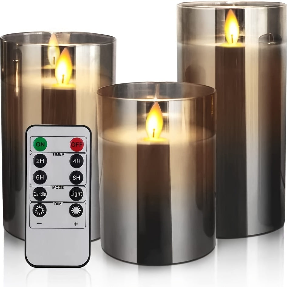 3pcs Led Fireless Candles Lights, Battery Operated Flickering Candles Pillar Real Wax Moving Flame Electric Candle Set, Gray Glass Effect With Remote Control Timer, 3×4in, 5in, 6in Height, Gray Candle Lights