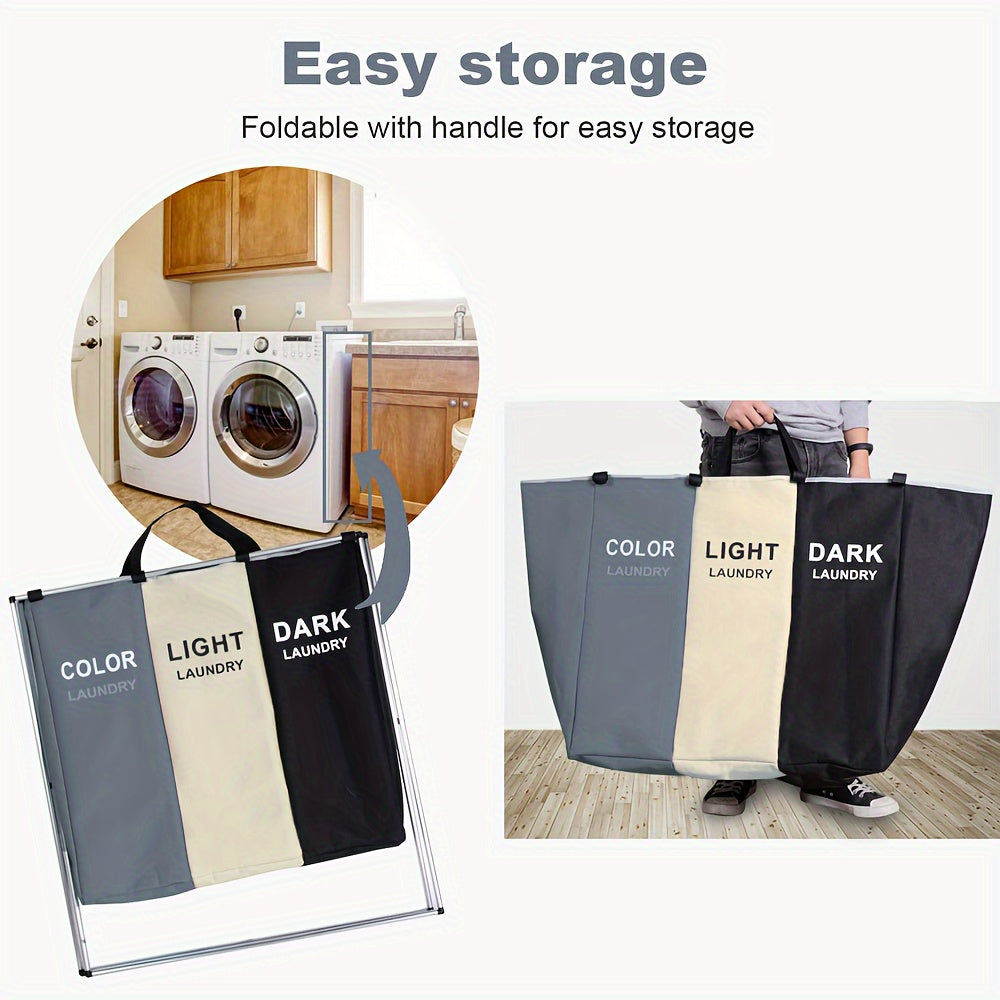 Office Sorting 3 Section Laundry Basket Printed Dark Light Color, Foldable Hamper/Sorter With Waterproof Oxford Bags And Aluminum Frame, Washing Clothes Storage For Home, Dormitary