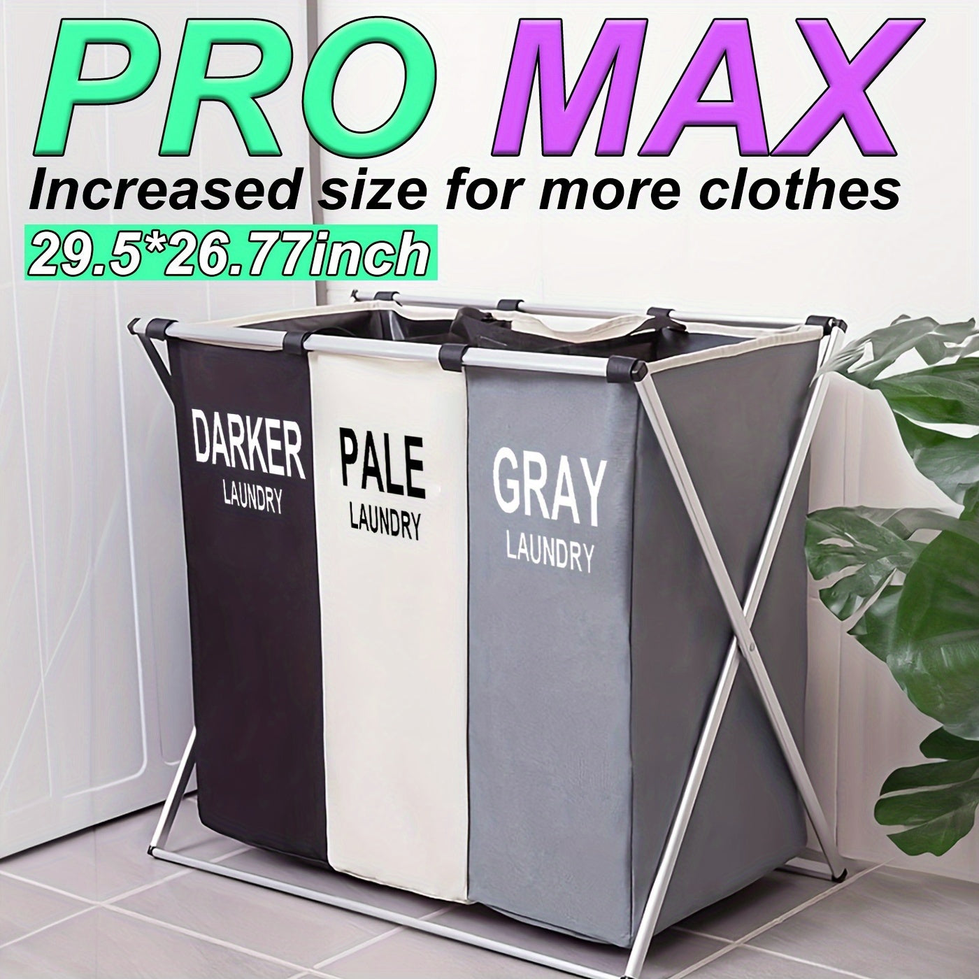 Office Sorting 3 Section Laundry Basket Printed Dark Light Color, Foldable Hamper/Sorter With Waterproof Oxford Bags And Aluminum Frame, Washing Clothes Storage For Home, Dormitary
