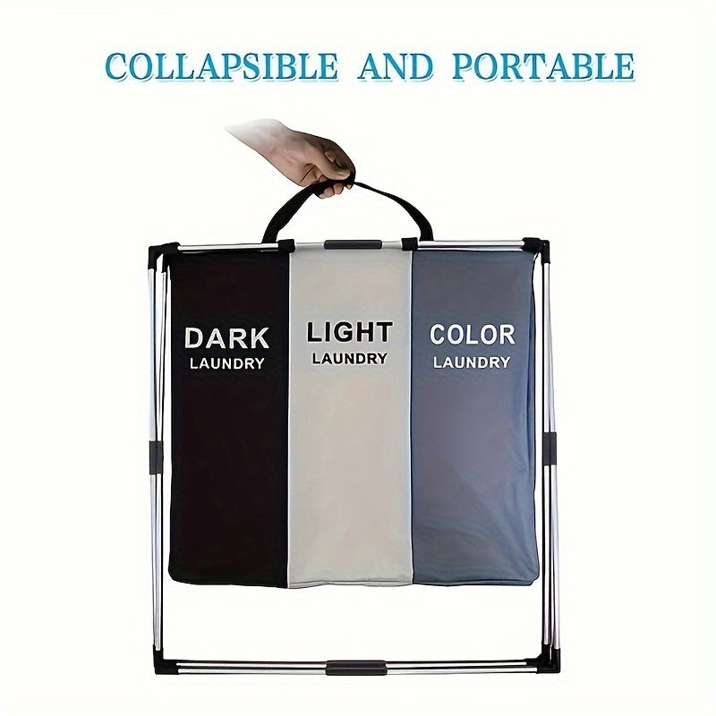 Office Sorting 3 Section Laundry Basket Printed Dark Light Color, Foldable Hamper/Sorter With Waterproof Oxford Bags And Aluminum Frame, Washing Clothes Storage For Home, Dormitary