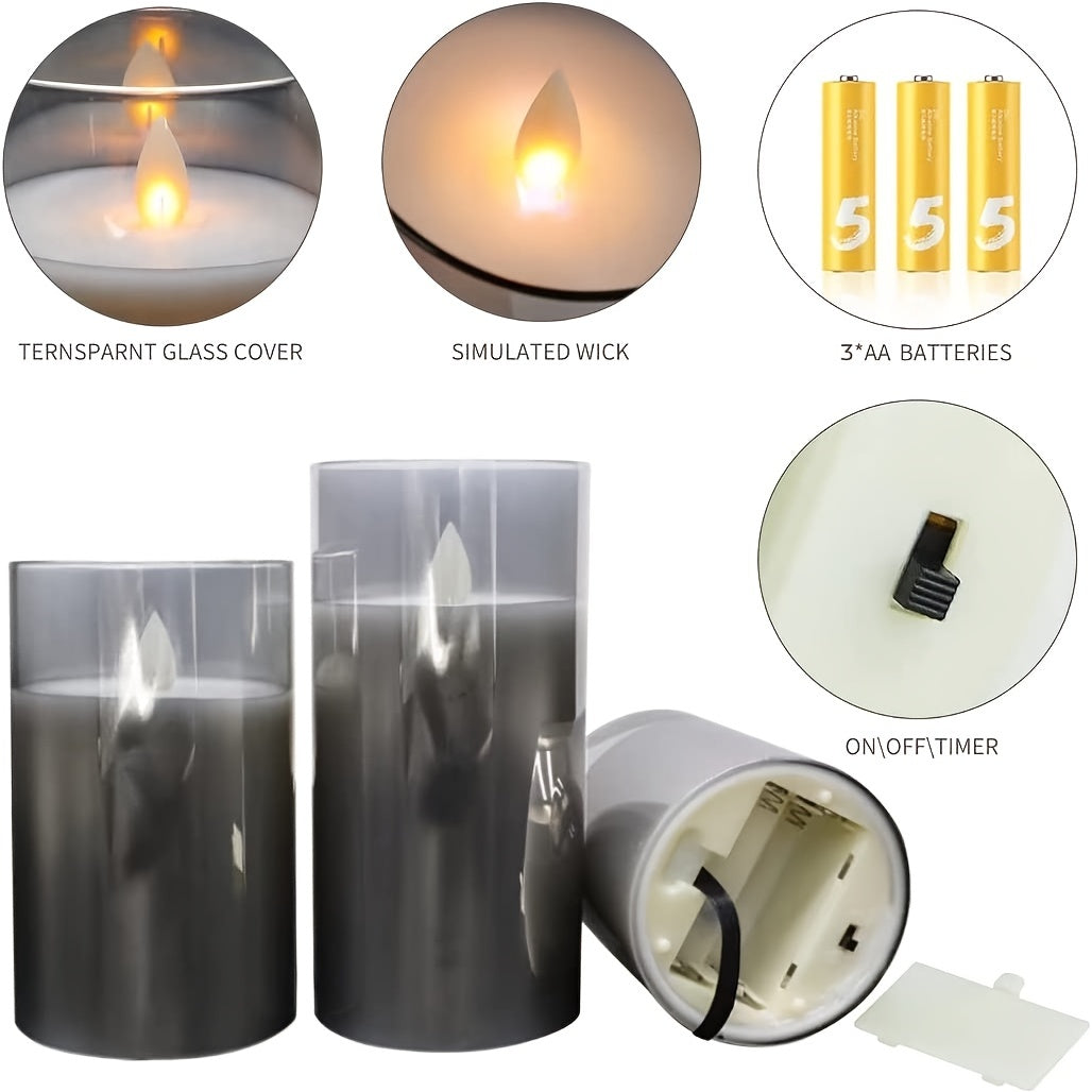 3pcs Led Fireless Candles Lights, Battery Operated Flickering Candles Pillar Real Wax Moving Flame Electric Candle Set, Gray Glass Effect With Remote Control Timer, 3×4in, 5in, 6in Height, Gray Candle Lights