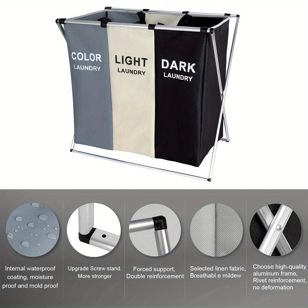 Office Sorting 3 Section Laundry Basket Printed Dark Light Color, Foldable Hamper/Sorter With Waterproof Oxford Bags And Aluminum Frame, Washing Clothes Storage For Home, Dormitary