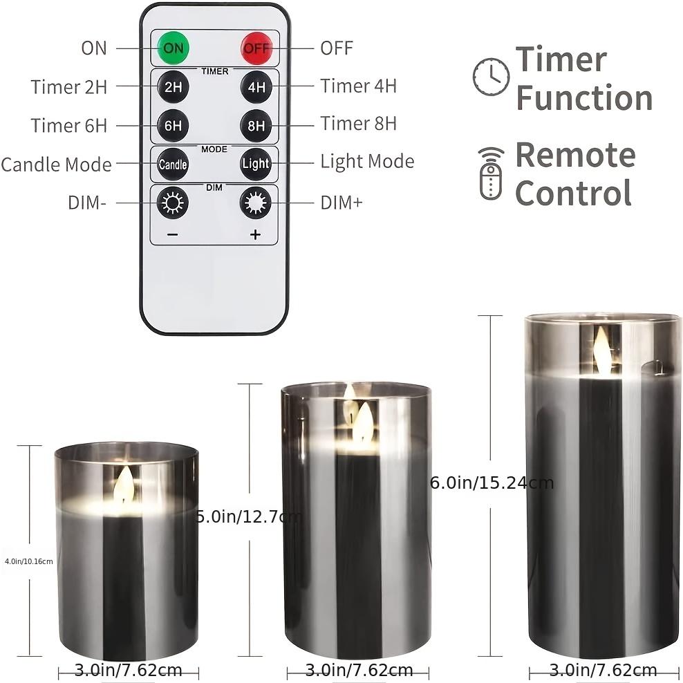 3pcs Led Fireless Candles Lights, Battery Operated Flickering Candles Pillar Real Wax Moving Flame Electric Candle Set, Gray Glass Effect With Remote Control Timer, 3×4in, 5in, 6in Height, Gray Candle Lights