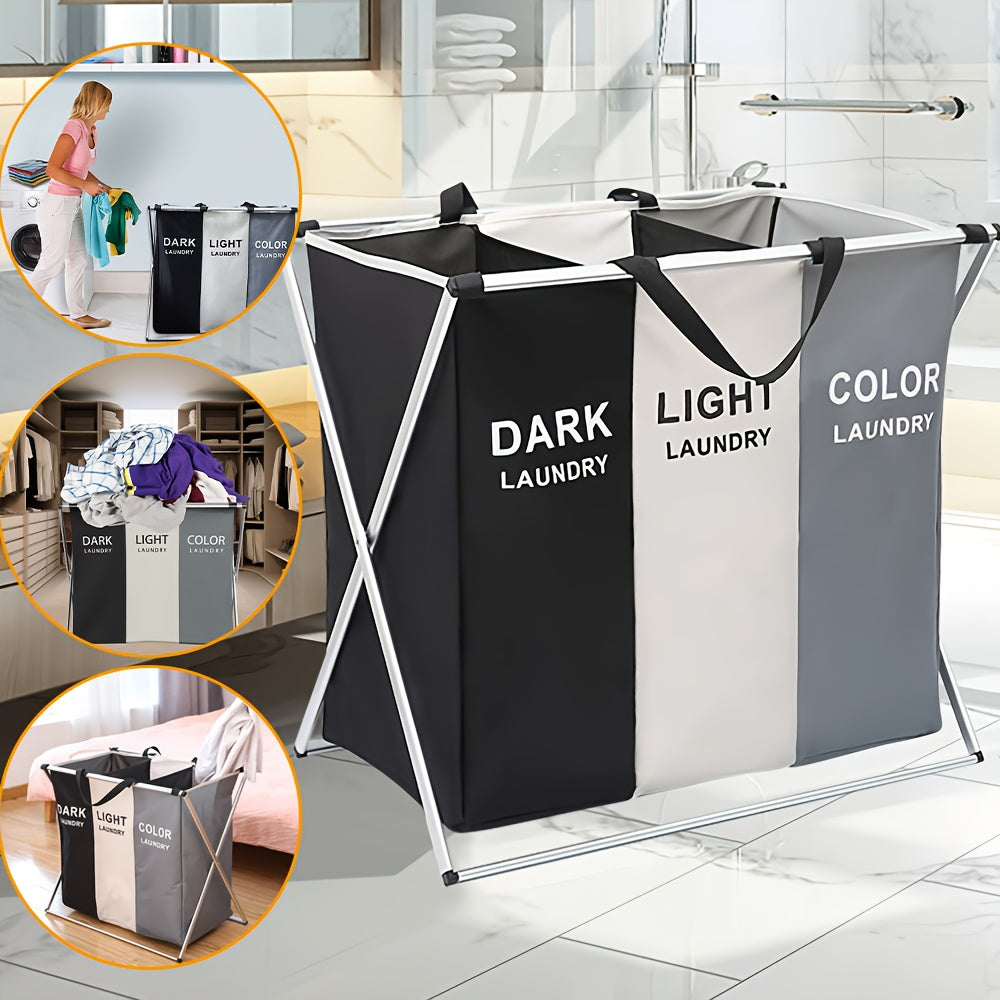 Office Sorting 3 Section Laundry Basket Printed Dark Light Color, Foldable Hamper/Sorter With Waterproof Oxford Bags And Aluminum Frame, Washing Clothes Storage For Home, Dormitary