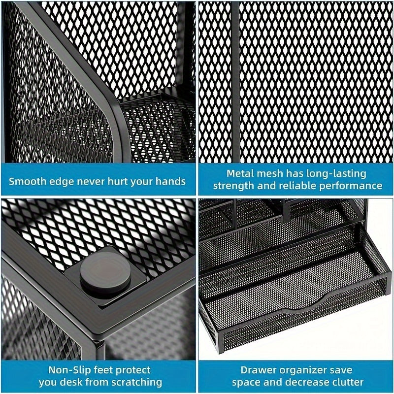 1pc Mesh Pen Holder For Desk, Desk Organizer With Drawer, Multi-Functional Pencil Organizer, Desk Organizers And Accessories For Office Art Supplies