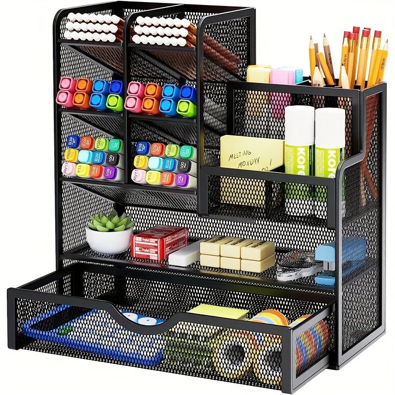 1pc Mesh Pen Holder For Desk, Desk Organizer With Drawer, Multi-Functional Pencil Organizer, Desk Organizers And Accessories For Office Art Supplies