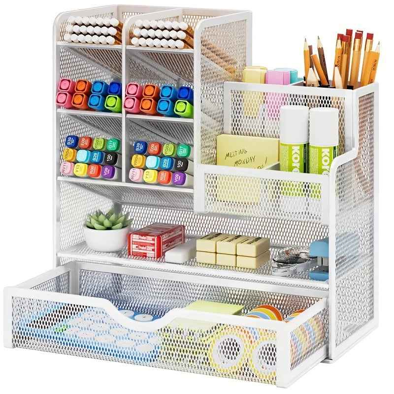 1pc Mesh Pen Holder For Desk, Desk Organizer With Drawer, Multi-Functional Pencil Organizer, Desk Organizers And Accessories For Office Art Supplies